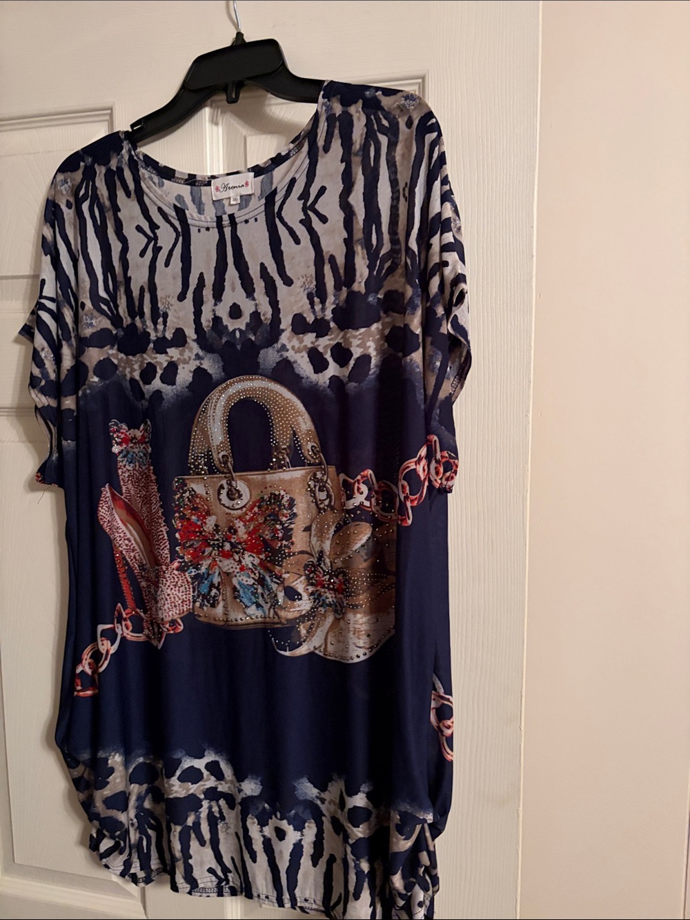 Onia Navy and Cream Printed Short Sleeve Tee with Handbag Motif